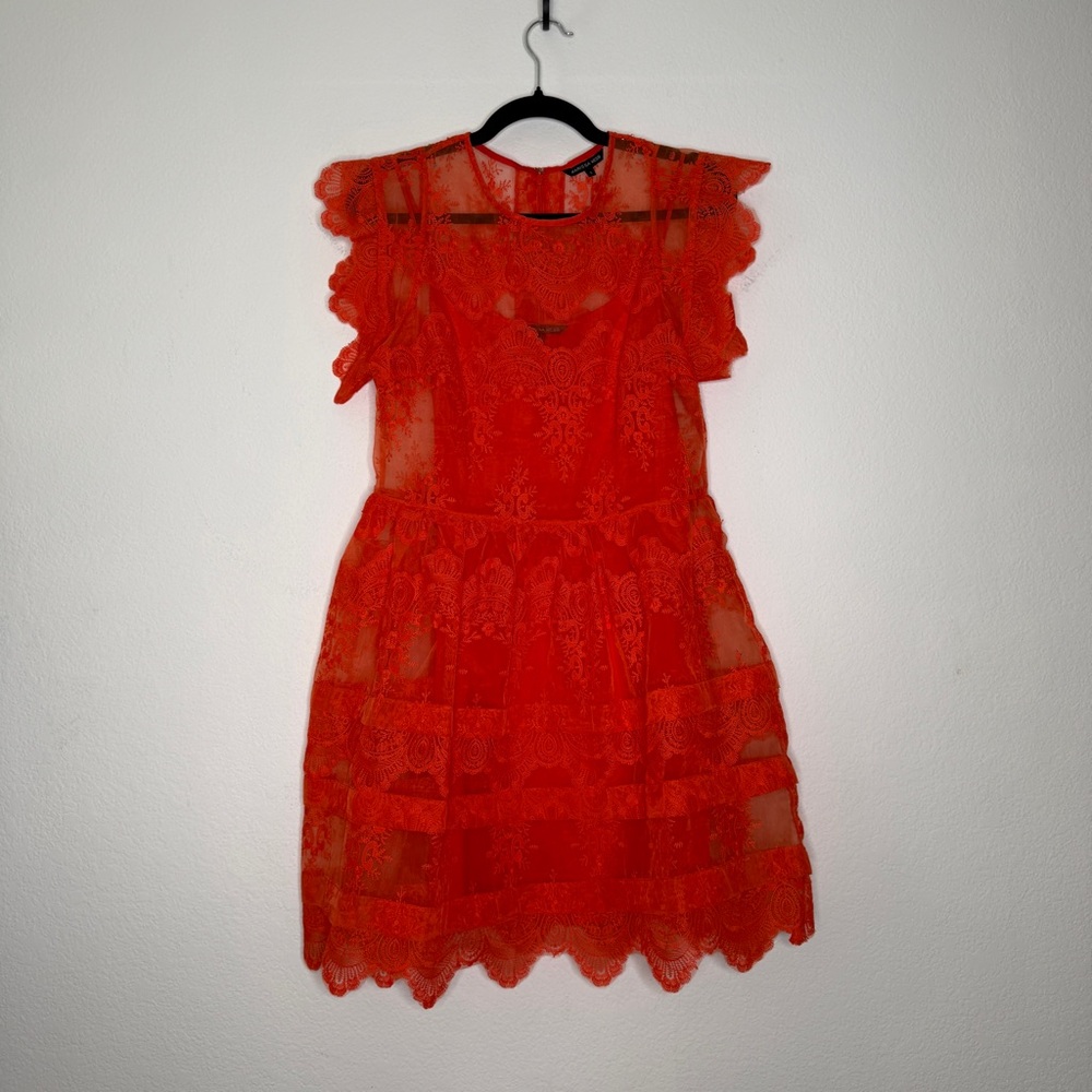 Marissa Webb Kallisti Orange Floral Lace Dress Silk Slip Ruffle Sleeve Size S